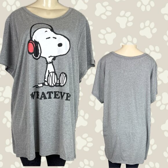 Peanuts +5 Gray Heather Snoopy With Headphones Whatever Graphic Short Sleeve Tee - Picture 1 of 6